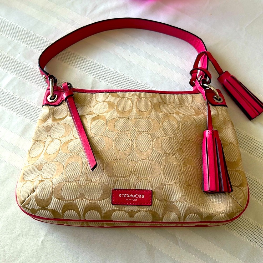 Coach Hobo Handbag Canvas Khaki/Fuchsia Pink Leather In New Condition